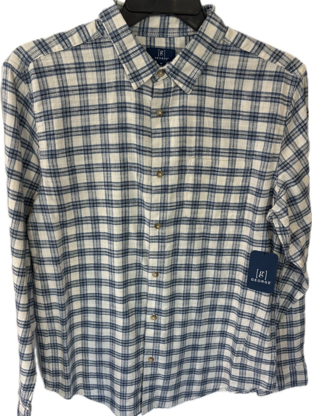 NWT George Men's Blue & White Plaid Casual Button-Down Flannel Shirt